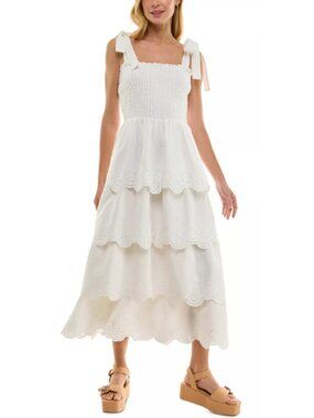 Beauty & Grace White Tiered Scalloped Eyelet Dress